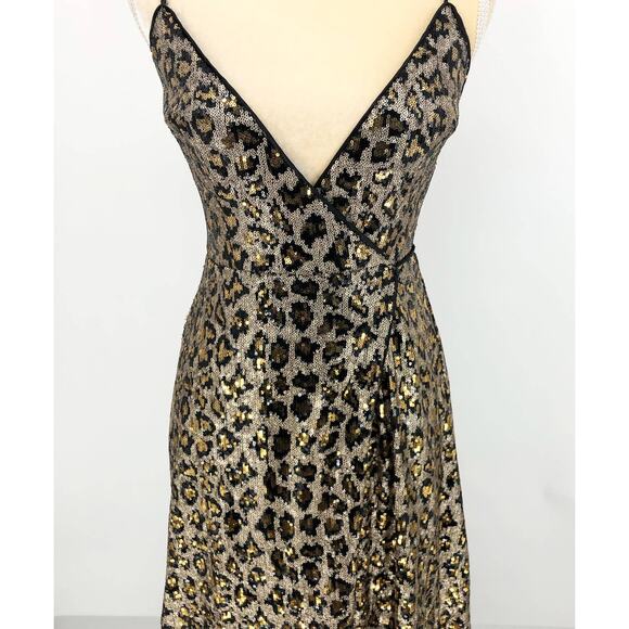 AIDAN BY AIDAN MATTOX Leopard Sequin Wrap Dress Size 0 Gold Black Sleeveless - Picture 6 of 15